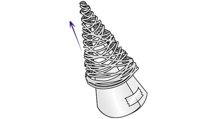 Zeichnung zur Erklärung wie getrockneter Garn vom Kegel gelöst wird.