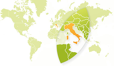 Weltkarte mit Fokus auf Italien