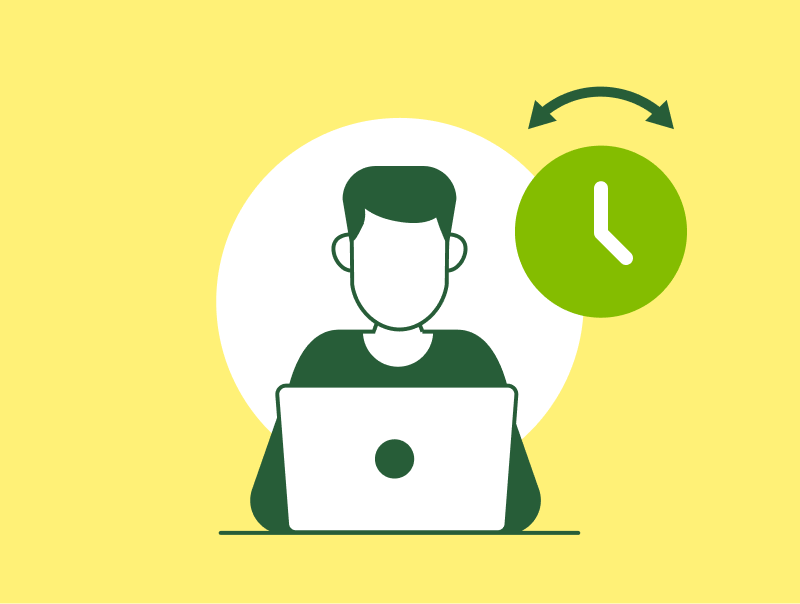 Icon zu Arbeitszeitgestaltung: Mitarbeiter mit Laptop und danebenstehender Uhr