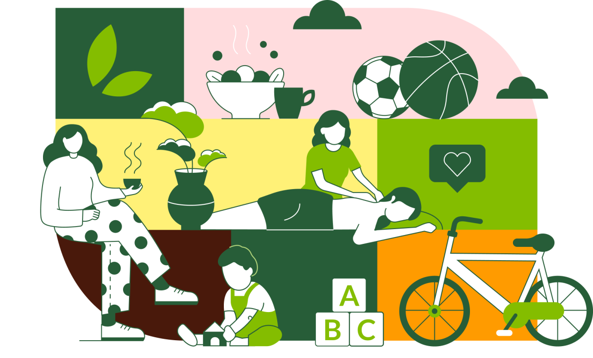 Schaubild zu Seeberger Benefits: Fahrrad, Bälle, Essen, Massage, Kind beim Spielen, Frau mit Kaffeetasse